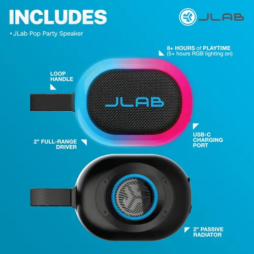 Miniatura 8 de JLab, Partido pop, altavoz Bluetooth portátil, impermeable IP55, LED RGB personalizable, negro