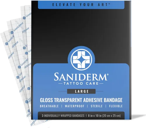 Saniderm Vendaje de cuidado posterior para tatuajes, 3 hojas (paquete grande, 8 x 10 pulgadas), práctico, más rápido curación y protección del