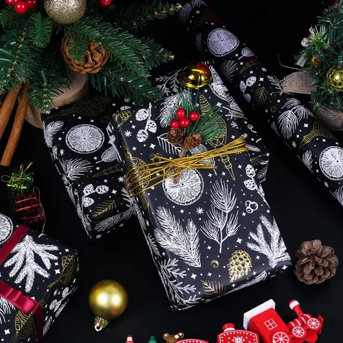 Miniatura 8 de Papel de regalo de Navidad, papel de regalo de Navidad de papel kraft negro y dorado con lámina, rollo jumbo, papel de regalo negro y blanco