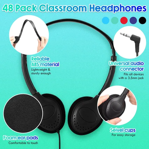 Miniatura 2 de Frienda 48 Pack Classroom Headphones Bulk, Wired School Headsets for Students, Stereo Headphones with 3.5 mm Plug for Classroom, Online Learning