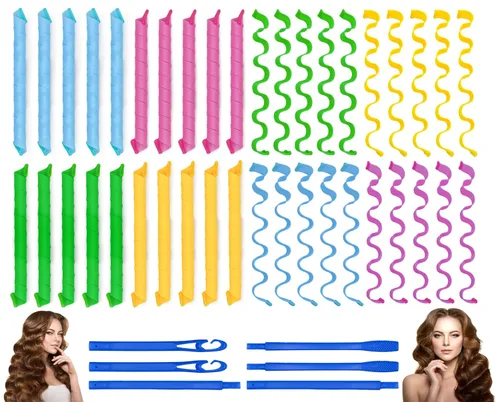 40 rizadores de pelo ondulados sin calor y espiral, dos estilos (22 pulgadas) con 6 ganchos de peinado, rodillos mágicos para el cabello, sin daños