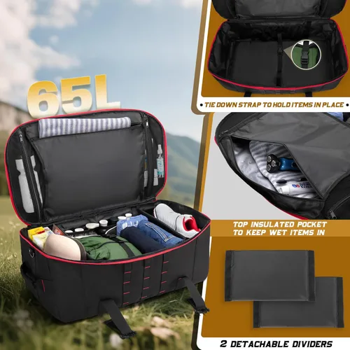 Miniatura 2 de Bolsa de lona táctica de 65 L con correas de mochila, bolsillo húmedo y divisores desmontables, mochila de lona para viajes, deportes y militares