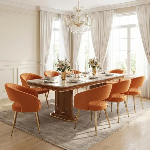 Miniatura 12 de Juego de 2 sillas de comedor modernas, tapizadas de piel sintética dorada con respaldo hueco, sillas de cocina con reposabrazos decorativos