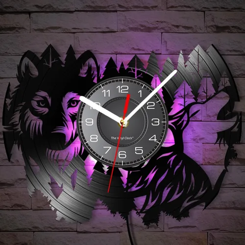 Reloj de pared de lobo de vida silvestre de 12 pulgadas, 7 tipos de color LED, reloj de pared analógico negro decorativo vintage de cuarzo