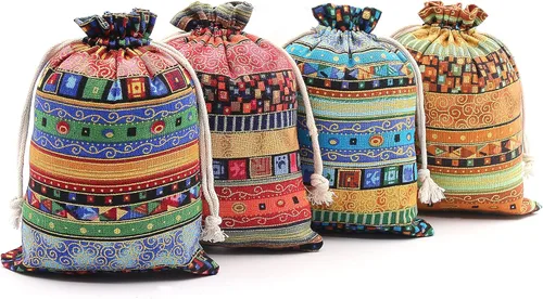 Miniatura 9 de SumDirect Bolsa de arpillera de lino estilo étnico egipcio, 20 bolsas de regalo de 4 x 6 pulgadas con cordón, bolsas de algodón reutilizables