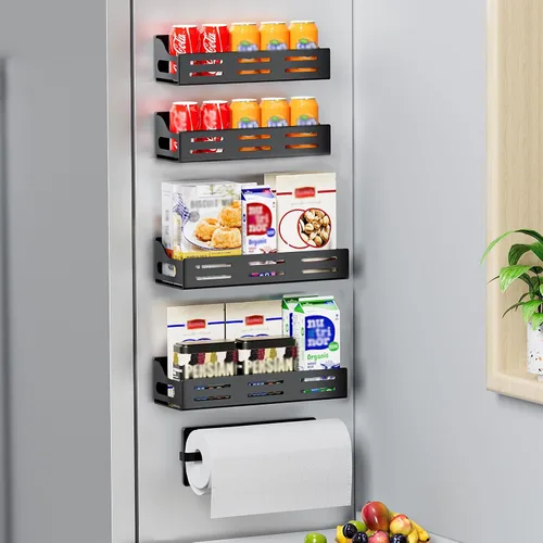 Paquete de 5 estantes magnéticos para especias para refrigerador con soporte para toallas de papel, estante magnético fuerte para nevera, estante