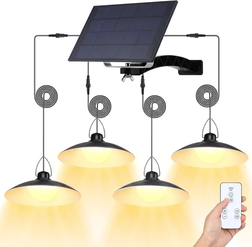 Luces colgantes solares para exteriores IP65 impermeables, 4 cabezales de luces solares con interruptor remoto de encendido/apagado, regulables del