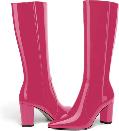 Miniatura 139 de AMBELIGHT Botas altas hasta la rodilla con cremallera y puntera puntiaguda para mujer, de patente sólida, tacón alto, 3.3 pulgadas