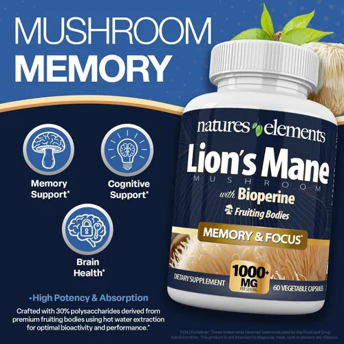 Miniatura 4 de Natures Elements Hongo melena de león con BioPerine – Extracto 10:1 – 1000 mg melena de león + 10 mg de bioperina – 30% polisacáridos – 60 cápsulas