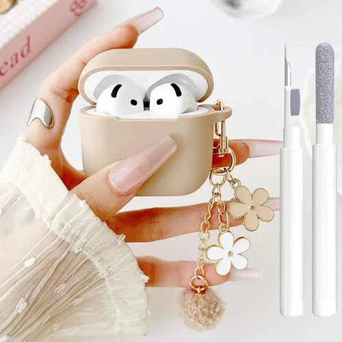 Miniatura 14 de Bonita funda negra para Airpods de 2ª/1ª generación para niñas y mujeres, con llavero de pompón de flores y kit de limpieza, funda protectora tipo