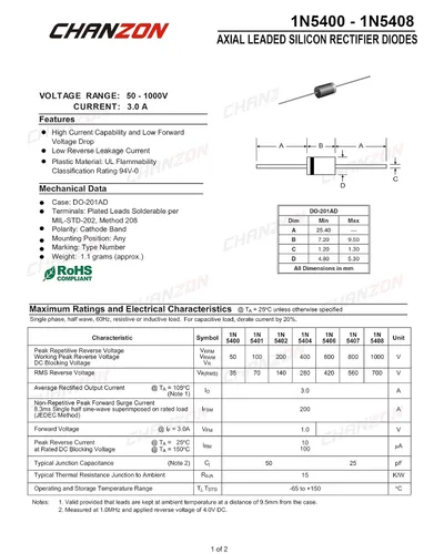 Miniatura 2 de Paquete de 50 unidades Chanzon 1N5401 Rectificador Diodo 3A 100V DO-201AD (DO-27) Axial 5401 IN5401 3 Amp 100 Voltios Diodos de Silicio Electrónicos