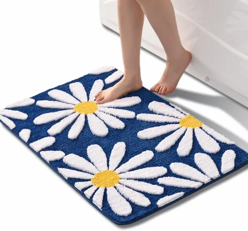 Miniatura 9 de QJHOMO Alfombra de baño azul con diseño de margaritas, decoración de flores blancas y amarillas, alfombra antideslizante de microfibra, súper Azul