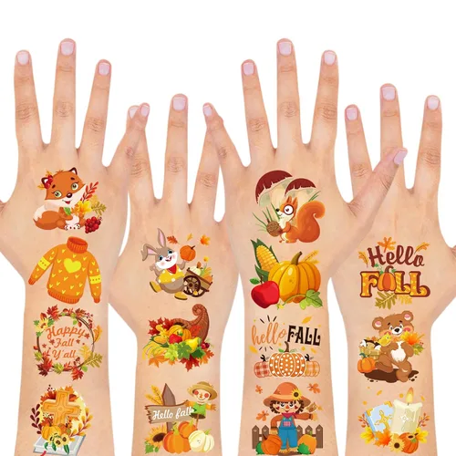 Miniatura 3 de HOWAF 96 piezas de tatuajes temporales de otoño, tatuajes temáticos de otoño para niños, hojas de arce, calabaza, tatuaje temporal falso para otoño