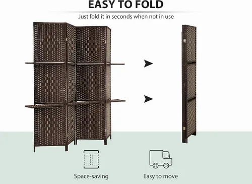 Miniatura 5 de Separadores de habitación de madera de 4 paneles con estantes, pantallas de privacidad plegables, pantalla de partición portátil, 6 pies de alto