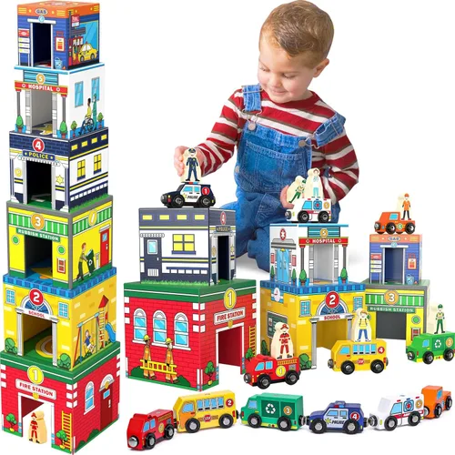 Miniatura 4 de Atoylink - Juguetes de clasificación y apilamiento para niños pequeños con autos magnéticos de madera y ayudantes comunitarios, bloques de números