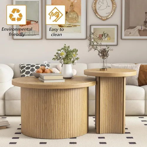 Miniatura 4 de Mxtxmy Juego de 2 Mesas de Café Anidadas de Estilo Granja, Mesa de Café Redonda para Sala de Estar, Juego de Mesas de Café con Acabado de Madera