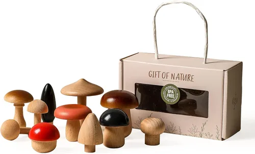 Juguetes de madera con forma de hongos, bloques de madera Montessori, apilables, juguetes para niños pequeños, 11 piezas, hongos en miniatura,