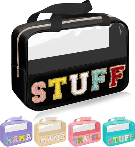 Miniatura 15 de Iqimott Bolsa de bebé con parche de letras de chenilla, bolsa de cosméticos transparente para maquillaje, bolsa grande de almacenamiento