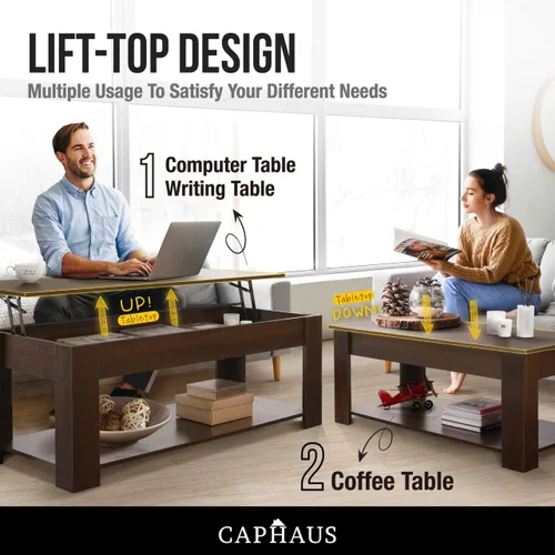 Miniatura 5 de CAPHAUS Mesa auxiliar elevable con almacenamiento y compartimento oculto, mesa elevadora para sala de estar, estante inferior abierto, 41 pulgadas