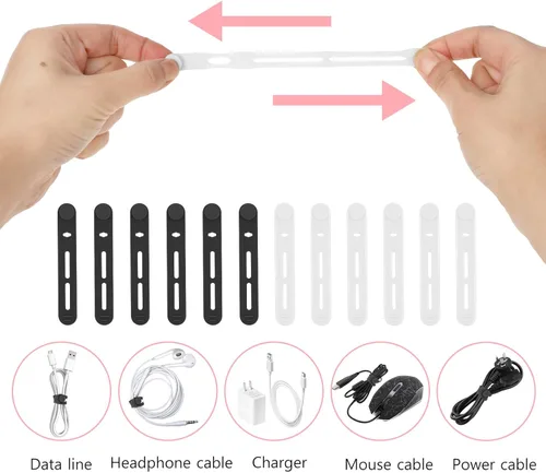 Miniatura 6 de Molain Sujetacables reutilizables, 20 correas de cable multifuncionales de silicona ajustables, organizador de cables para cables de carga