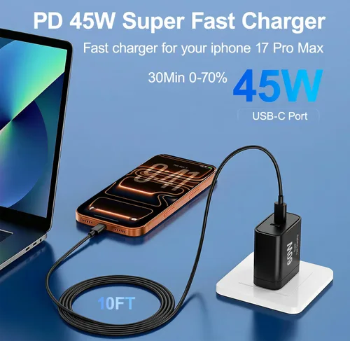Miniatura 3 de Cargador para iPhone 17, 45 W de carga rápida USB C de doble puerto con cable de carga tipo C de 3/6/10/10 pies, adaptador rápido PD 3.0 para iPhone