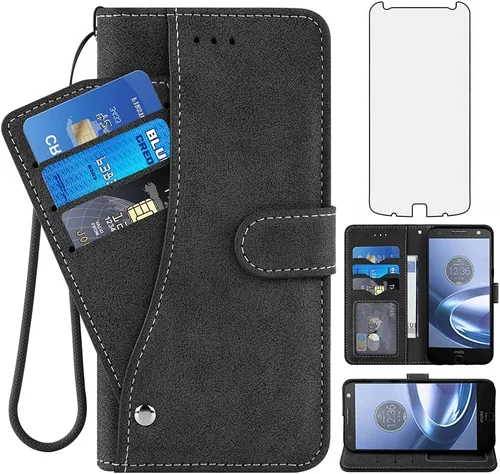 Asuwish Funda compatible con Moto Z Force tipo cartera y protector de pantalla de vidrio templado, con cordón, soporte para tarjeta de crédito,
