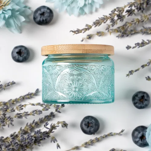 Paquete de 18 unidades de envases de vela de vidrio grabado de 4 onzas con tapas de bambú y etiquetas, tarros de vela azules para hacer velas,
