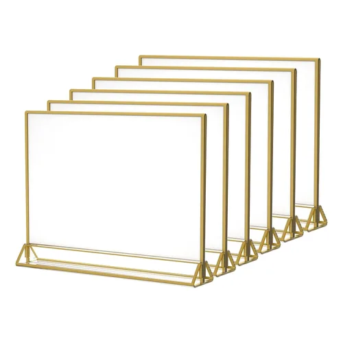 Miniatura 8 de NIUBEE Paquete de 6 soportes de acrílico transparente de 4 x 6 con bordes dorados y soporte vertical, soportes de menú de mesa de doble cara marcos
