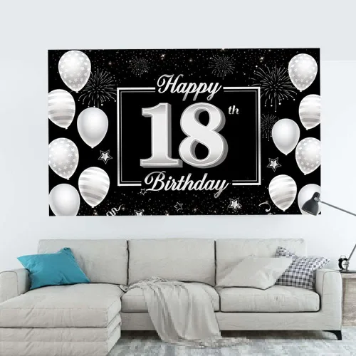 Miniatura 3 de Cartel de fondo de cumpleaños número 18, decoración de fiesta plateada y negra para niños y niñas, fondo de cabina de fotos