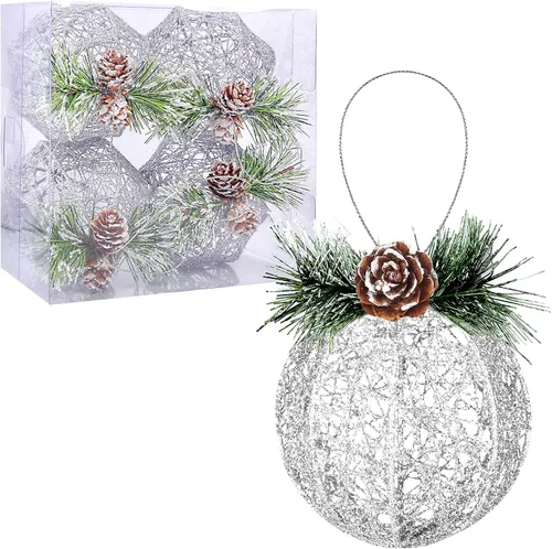 Adornos de bola de Navidad, juego de 4 piezas de hilo de ratán de piña plateada, adorno de árbol de Navidad, árboles de Navidad, decoración de Plata