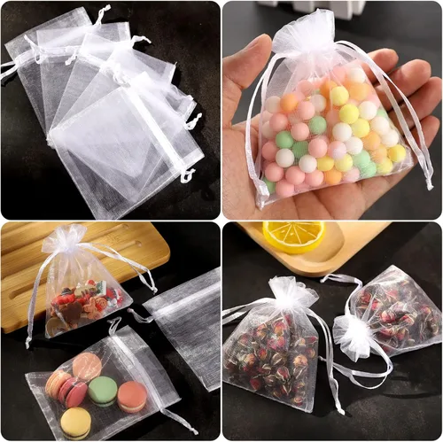 Miniatura 5 de ENNIYU Bolsas de organza transparente, bolsas de recuerdo de fiesta de boda de 3 x 4 con cordón, bolsas de regalo de malla blanca para regalos Blanco