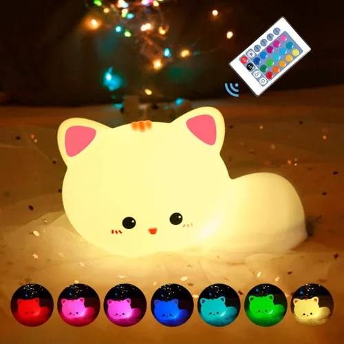 Luz nocturna LED de gato, 16 colores regulables para guardería, luz nocturna kawaii, súper blanda de silicona recargable por USB, lámpara de noche
