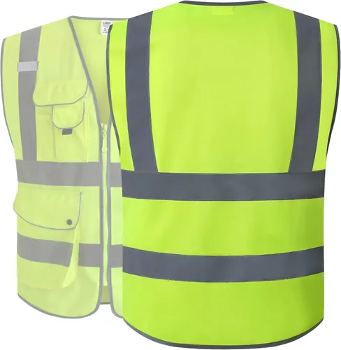 Miniatura 2 de JKSafety Chaleco de seguridad frontal con cremallera de alta visibilidad clase 2 con 9 bolsillos y tiras reflectantes, cumple con las normas Amarillo