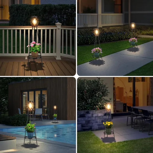 Miniatura 7 de MXwcy Lámpara de pie solar con soportes para plantas, luces solares para exteriores con bombillas LED Edison vintage, luces de jardín resistentes a