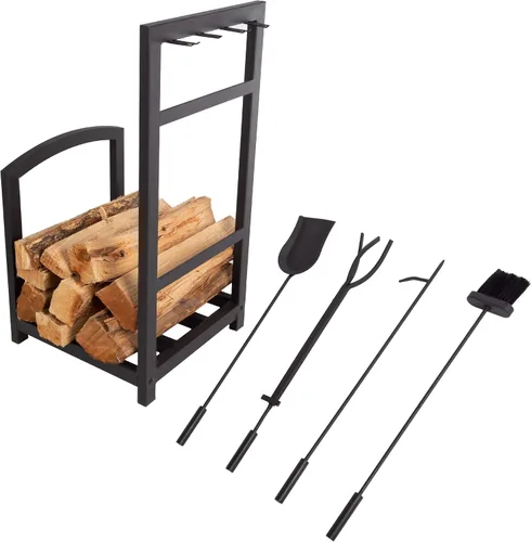 Miniatura 6 de Lavish Home - Juego de herramientas para chimenea de 5 piezas y estante de troncos, soporte para leña estilo misión con pala, escoba, pinzas y póker