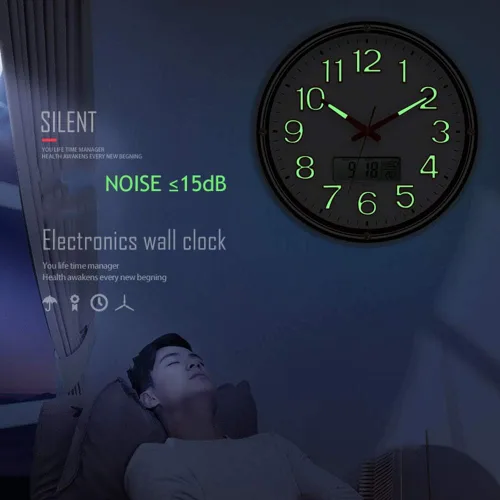 Miniatura 2 de ZZenSmot Reloj silencioso de 18 pulgadas, moderno reloj de pared luminoso con calendario LCD y termómetro para decoración de oficina en casa