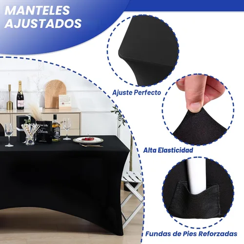 Miniatura 2 de Fixwal Paquete de 3 Manteles Negros para Mesas Rectangulares de 6 Pies, Manteles Rectangulares Elásticos de Spandex Ajustables de 6 Pies