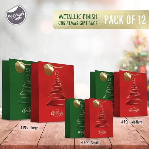 Miniatura 2 de easykart labels 12 bolsas de regalo de Navidad, rojo y verde metálico y acabado de textura con árbol de Navidad dorado y brillante, varios tamaños