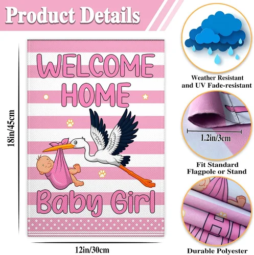 Miniatura 3 de Bandera de jardín con texto en inglés «Welcome Home Baby Garden Flag» de 12 x 18 pulgadas, banderas de jardín de doble cara de 3 capas, bandera