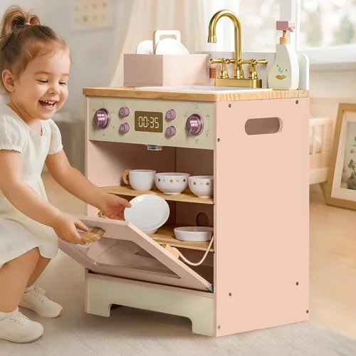 Miniatura 7 de ROBOTIME Fregadero Lavavajillas de Juguete de Madera – Juguete de Cocina Rosa de Fantasía con Grifo Dorado, Perillas Giratorias, Estante