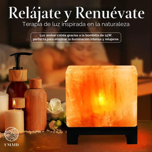 Miniatura 5 de UMAID Lámpara de sal del Himalaya rectangular, lámpara de roca rosa natural sobre base de madera moderna con bombilla nocturna y cable regulable