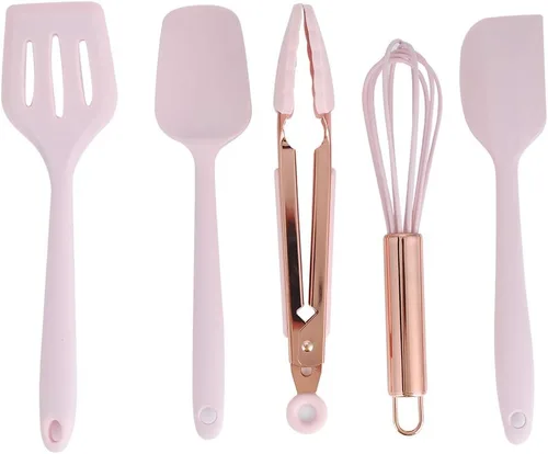 Miniatura 6 de Utensilios de cocina de silicona, 5 piezas, juego de utensilios de cocina, espátula, utensilios de cocina para niños, raspador de silicona, rosa
