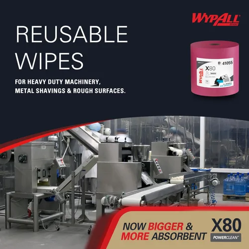 Miniatura 7 de WypAll PowerClean X80 - Toallitas resistentes (41055), Jumbo, toallas de uso prolongado, color rojo (1 rollo de 455 hojas, 455 hojas en total)