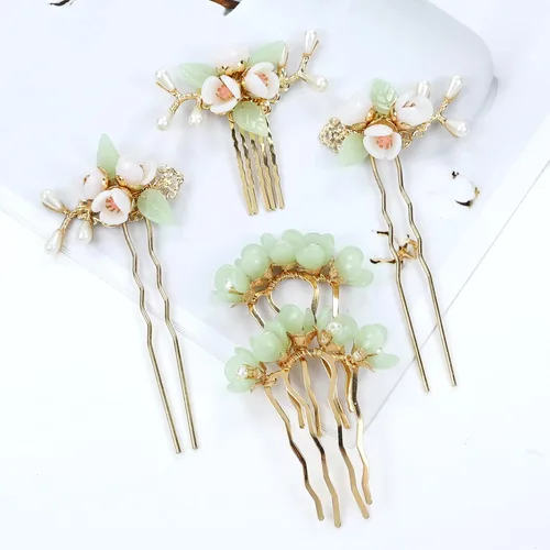 Miniatura 6 de inSowni 5 piezas vintage retro tradicional asiático chino Hanfu perla verde jade flor de pelo peines laterales diapositivas de metal horquillas