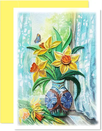 KingKraft Tarjeta de felicitación de flores de narcisos, tarjeta de felicitación hecha a mano para todas las ocasiones, tarjeta de cumpleaños para