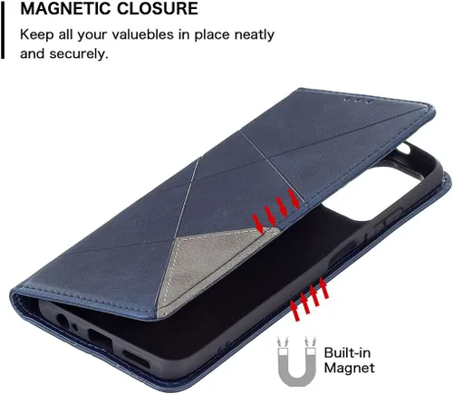 Miniatura 4 de Funda con tapa para Xiaomi Redmi Note 10 4G/Note 10S, patrón de rombos de cuero de primera calidad, función atril, cierre magnético, color azul