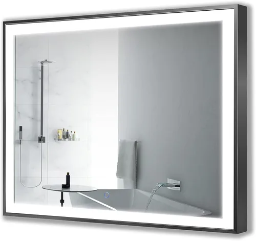 Krugg Soho Espejo LED enmarcado para baño | Espejo de tocador iluminado incluye atenuador y desempañador | Montaje en pared vertical u horizontal