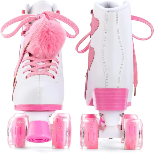Miniatura 7 de Ruthfot Patines clásicos para mujeres y niñas con ruedas iluminadas y patrón de corazón de amor, patines de cuero PU de caña alta.. Blanco