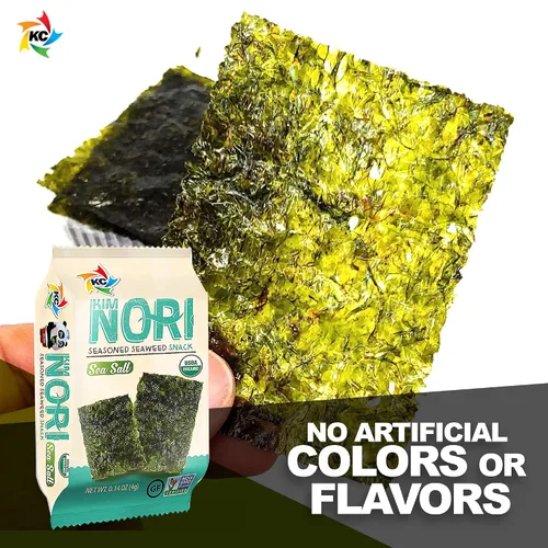 Miniatura 4 de KIMNORI Hojas de bocadillos de algas marinas sazonadas – Sabor dulce y picante con sal marina orgánica 24 paquetes individuales tostados crujientes