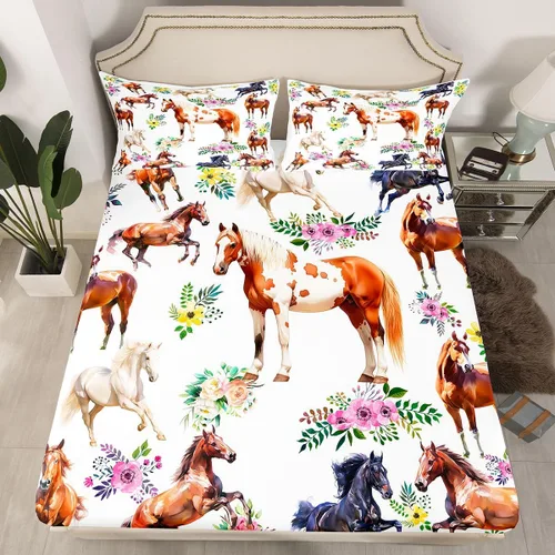 Miniatura 7 de Sábana bajera ajustable de caballo, sábanas de flores de animales de granja, tamaño individual para niños, adolescentes, adultos, dormitorio, juego